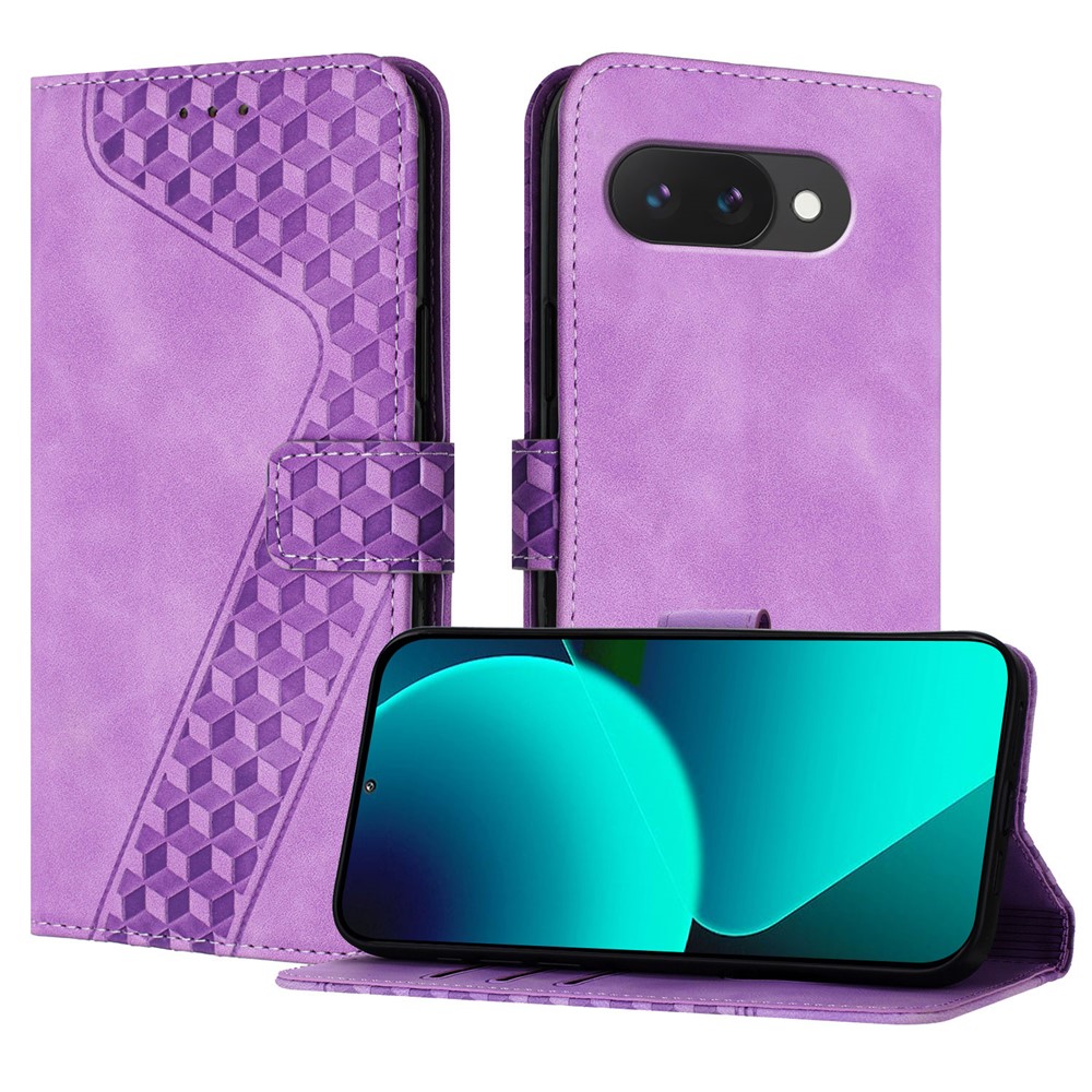 For Google Pixel 9a Leather Case 7-Shaped Pattern Wallet Stand Shockproof Phone Cover - Purple