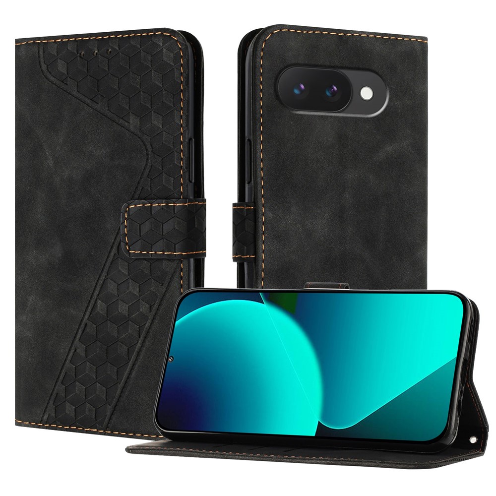 For Google Pixel 9a Leather Case 7-Shaped Pattern Wallet Stand Shockproof Phone Cover - Black