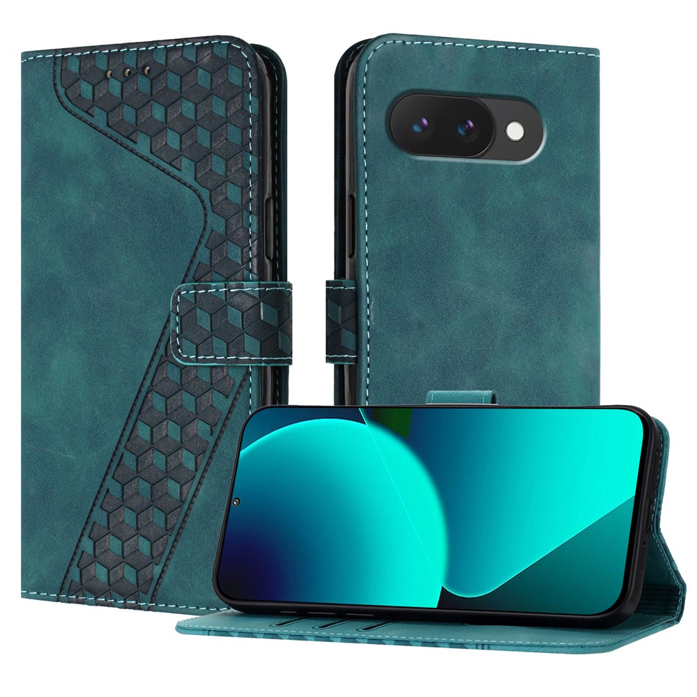 For Google Pixel 9a Leather Case 7-Shaped Pattern Wallet Stand Shockproof Phone Cover - Green