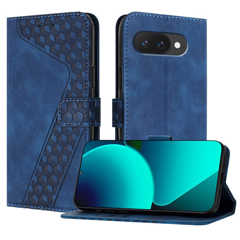 For Google Pixel 9a Leather Case 7-Shaped Pattern Wallet Stand Shockproof Phone Cover - Blue