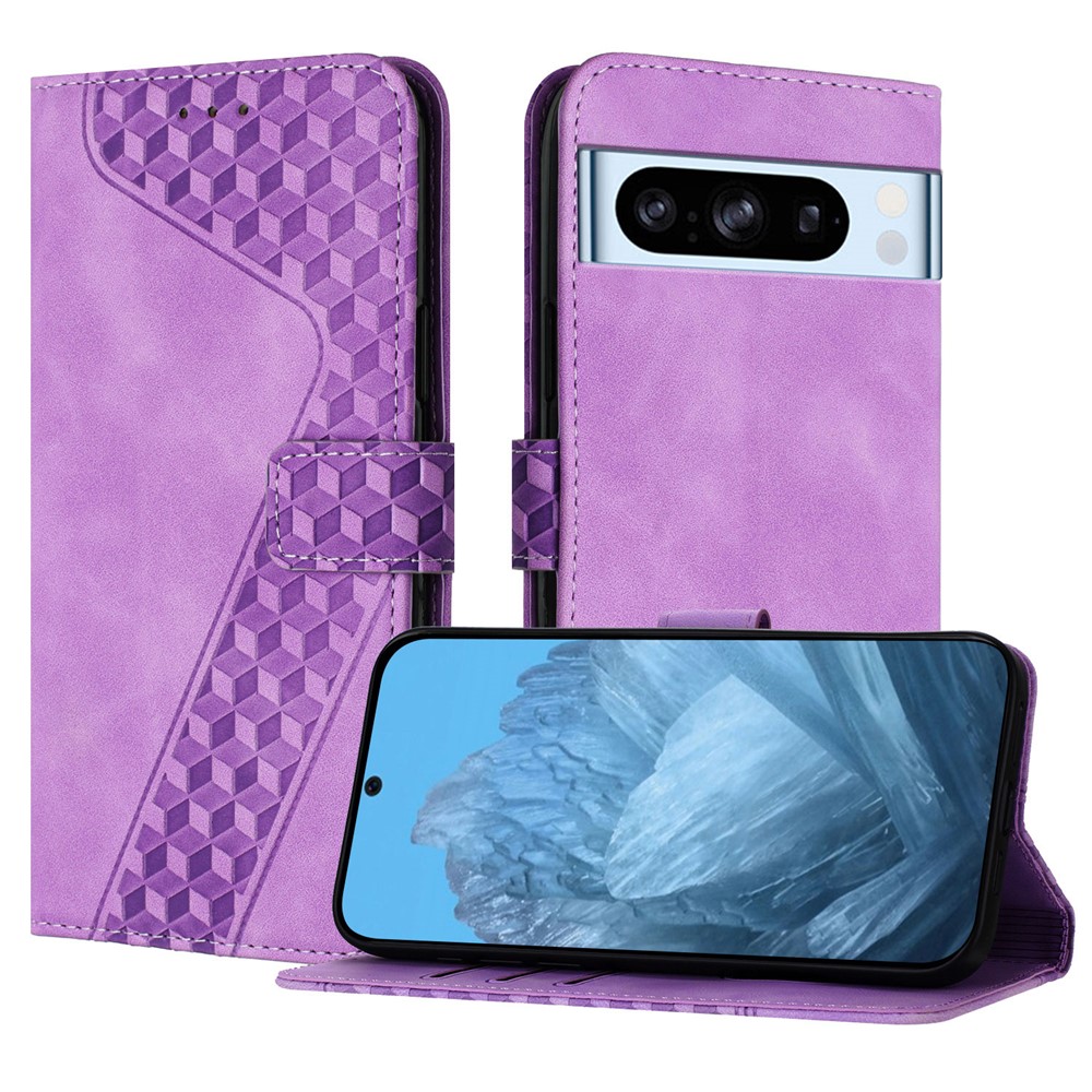 For Google Pixel 8 Pro Leather Case 7-Shaped Pattern Wallet Stand Shockproof Phone Cover - Purple