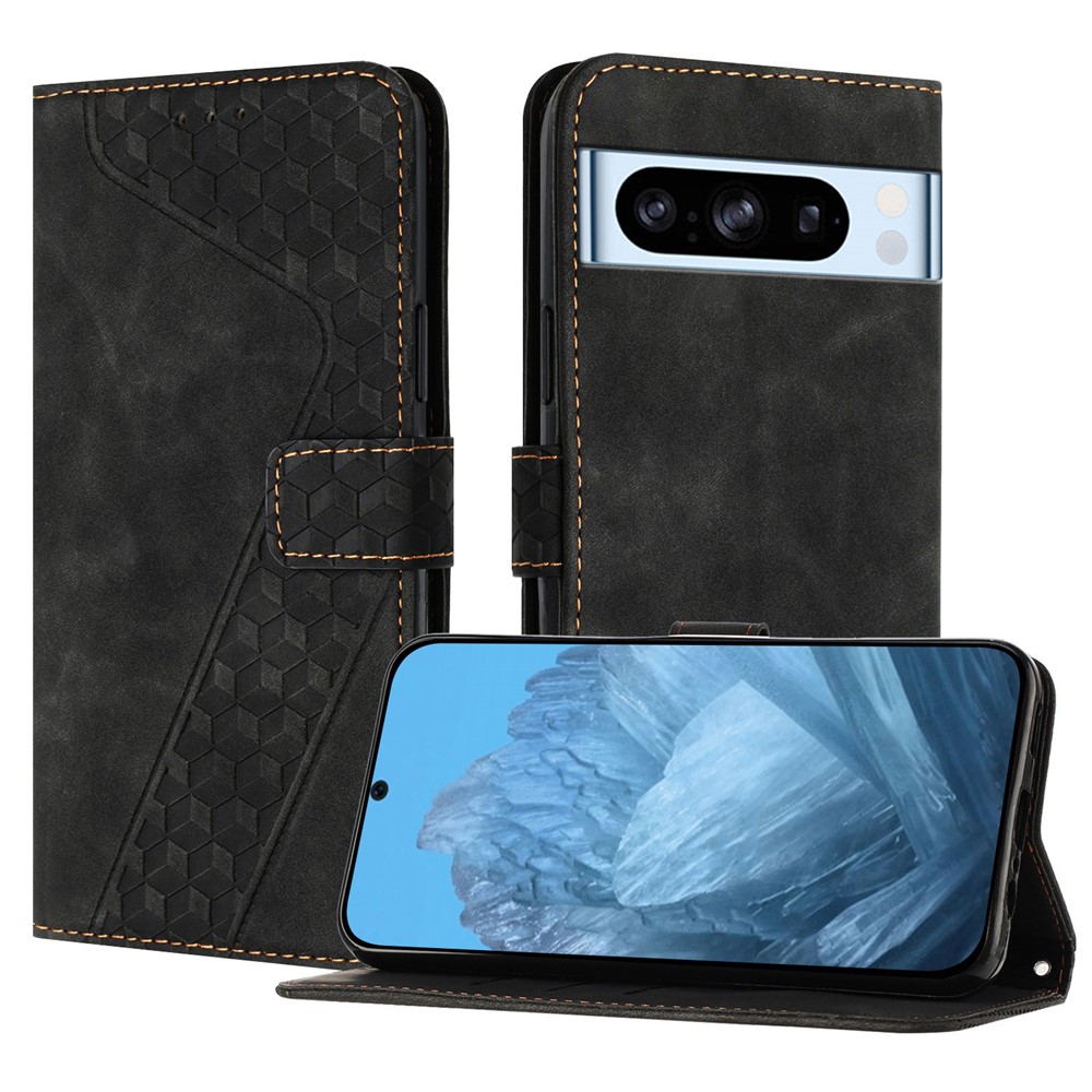 For Google Pixel 8 Pro Leather Case 7-Shaped Pattern Wallet Stand Shockproof Phone Cover - Black
