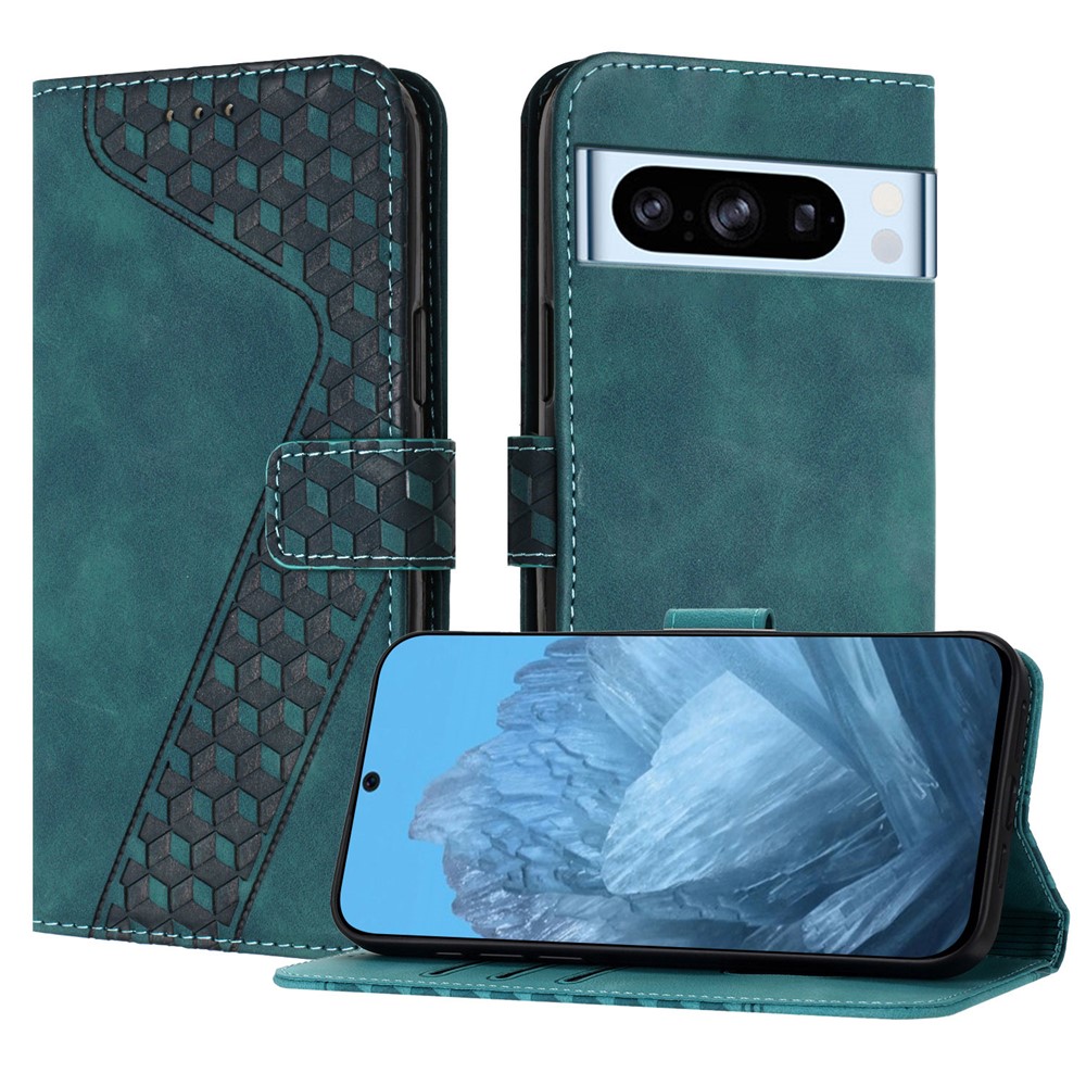 For Google Pixel 8 Pro Leather Case 7-Shaped Pattern Wallet Stand Shockproof Phone Cover - Green