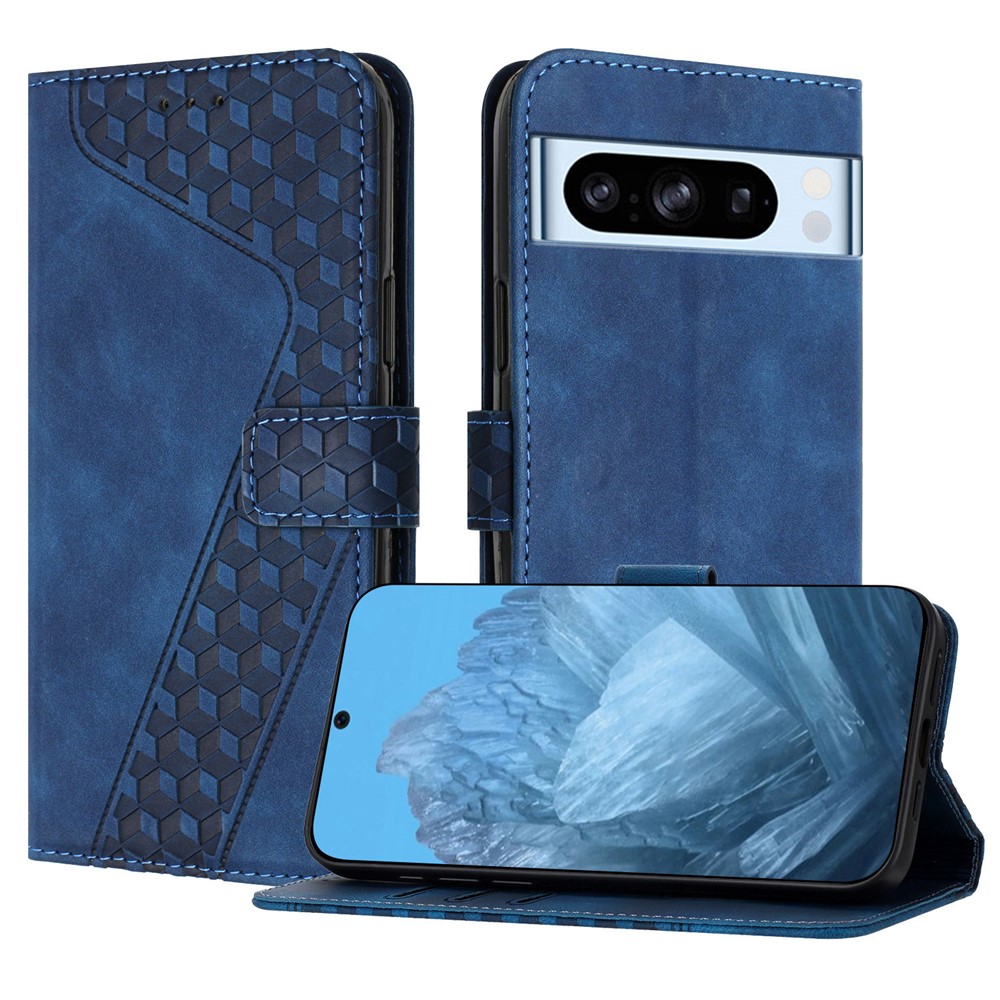 For Google Pixel 8 Pro Leather Case 7-Shaped Pattern Wallet Stand Shockproof Phone Cover - Blue