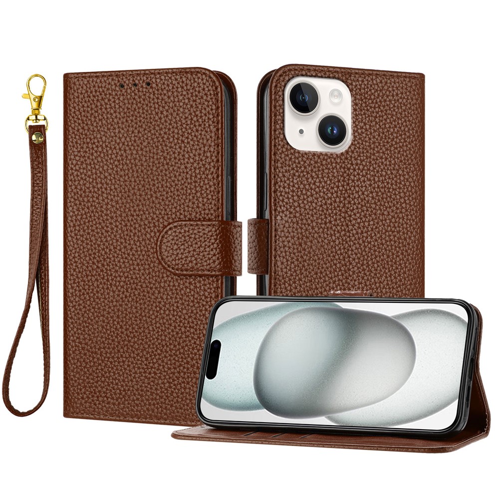 For iPhone 15 Leather Case Litchi Texture Wallet Stand Anti Drop Phone Cover with Wrist Strap - Brown