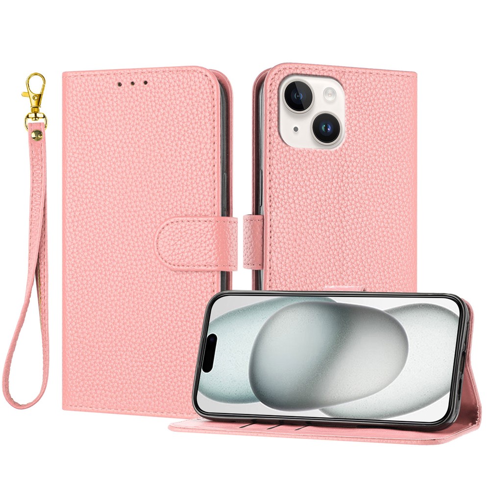 For iPhone 15 Leather Case Litchi Texture Wallet Stand Anti Drop Phone Cover with Wrist Strap - Pink