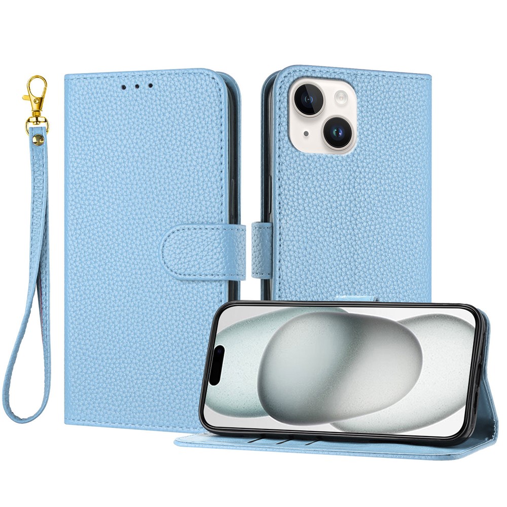 For iPhone 15 Leather Case Litchi Texture Wallet Stand Anti Drop Phone Cover with Wrist Strap - Blue