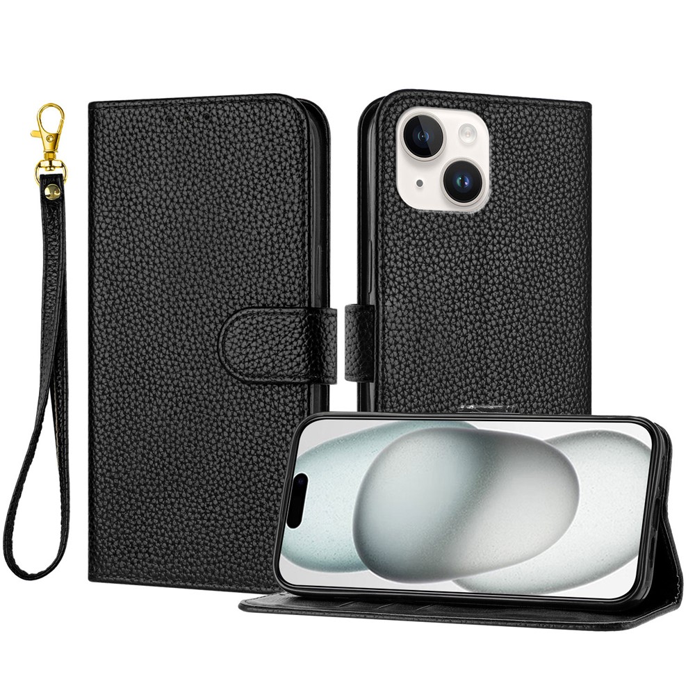 For iPhone 15 Leather Case Litchi Texture Wallet Stand Anti Drop Phone Cover with Wrist Strap - Black