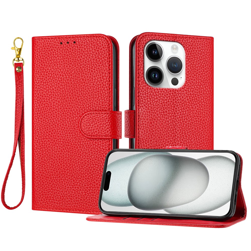 For iPhone 15 Pro Leather Case Litchi Texture Wallet Stand Anti Drop Phone Cover with Wrist Strap - Red
