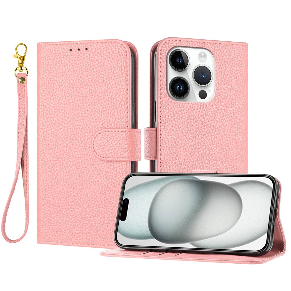 For iPhone 15 Pro Leather Case Litchi Texture Wallet Stand Anti Drop Phone Cover with Wrist Strap - Pink