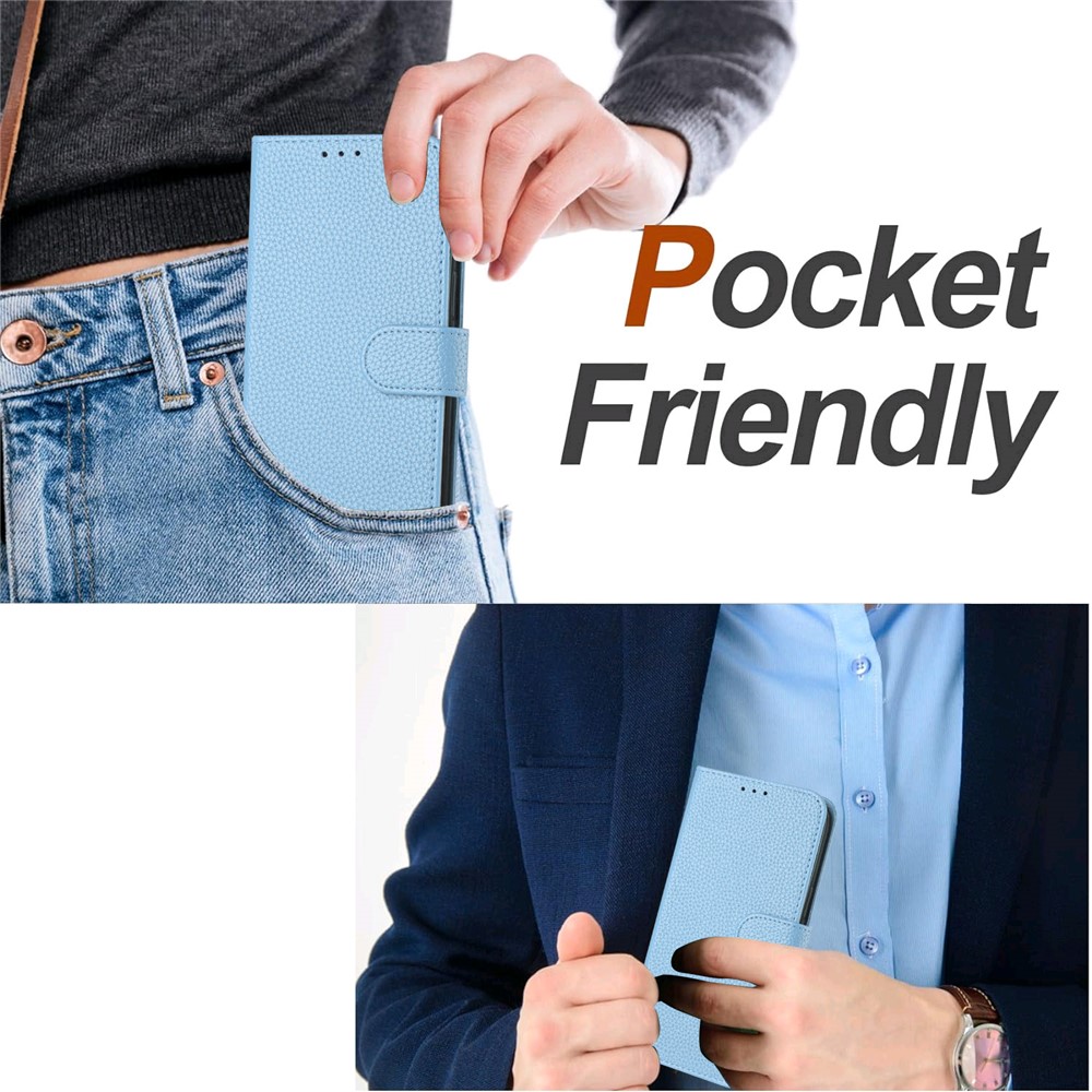 For iPhone 15 Pro Leather Case Litchi Texture Wallet Stand Anti Drop Phone Cover with Wrist Strap - Blue