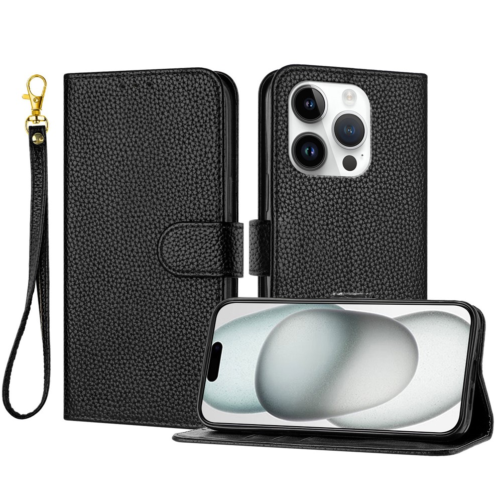 For iPhone 15 Pro Leather Case Litchi Texture Wallet Stand Anti Drop Phone Cover with Wrist Strap - Black