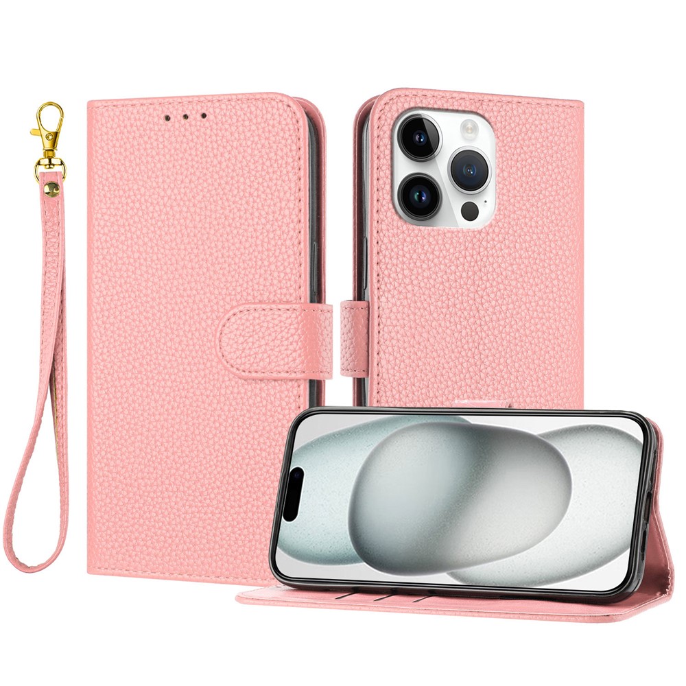 For iPhone 15 Pro Max Leather Case Litchi Texture Wallet Stand Anti Drop Phone Cover with Wrist Strap - Pink