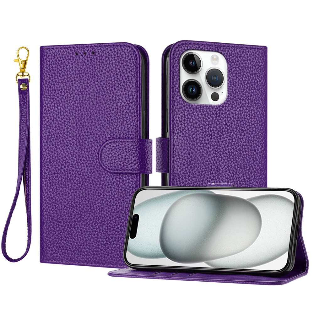 For iPhone 15 Pro Max Leather Case Litchi Texture Wallet Stand Anti Drop Phone Cover with Wrist Strap - Purple