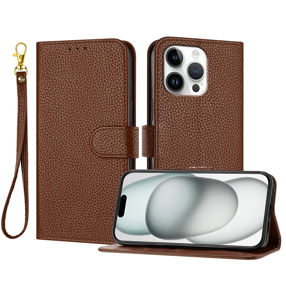 For iPhone 16 Pro Max Leather Case Litchi Texture Wallet Stand Anti Drop Phone Cover with Wrist Strap - Brown