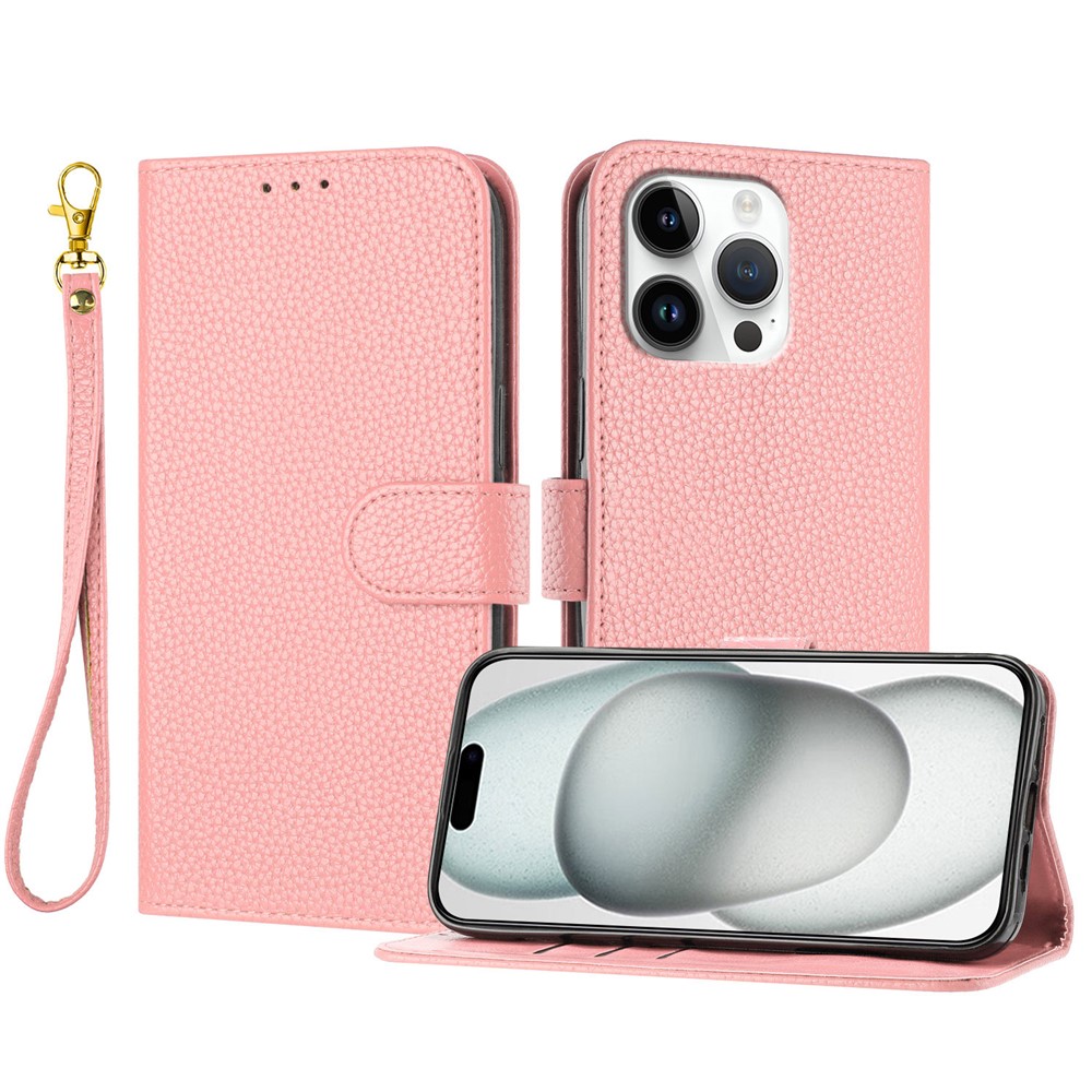For iPhone 16 Pro Max Leather Case Litchi Texture Wallet Stand Anti Drop Phone Cover with Wrist Strap - Pink