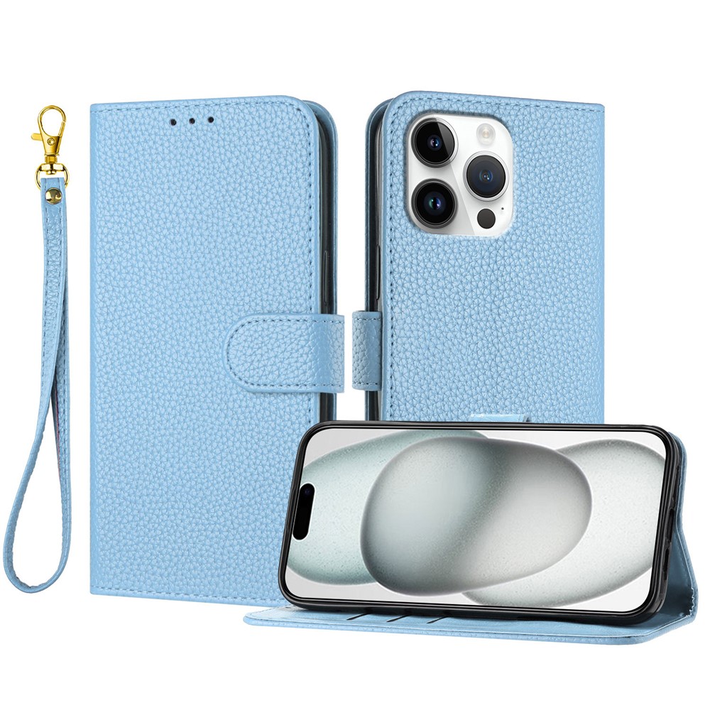 For iPhone 16 Pro Max Leather Case Litchi Texture Wallet Stand Anti Drop Phone Cover with Wrist Strap - Blue