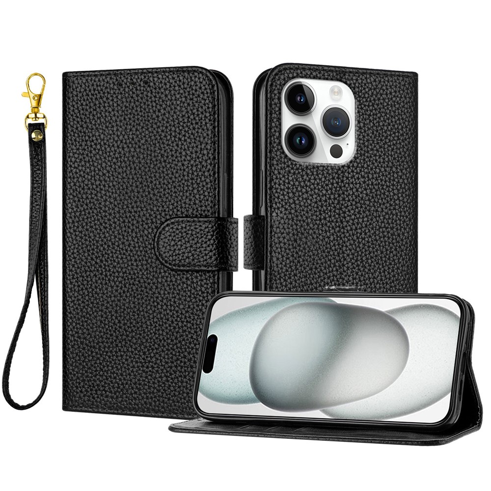 For iPhone 16 Pro Max Leather Case Litchi Texture Wallet Stand Anti Drop Phone Cover with Wrist Strap - Black