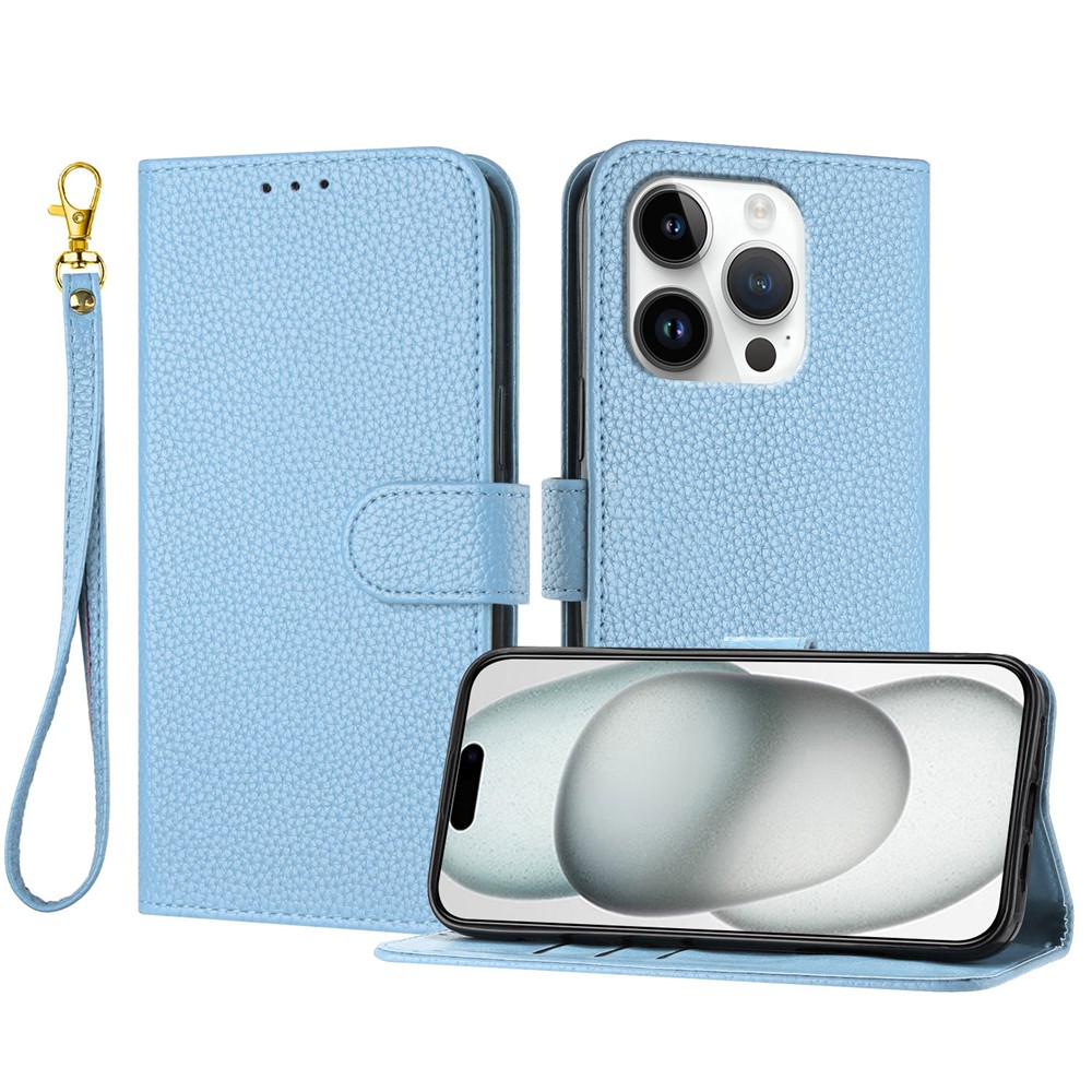 For iPhone 16 Pro Leather Case Litchi Texture Wallet Stand Anti Drop Phone Cover with Wrist Strap - Blue