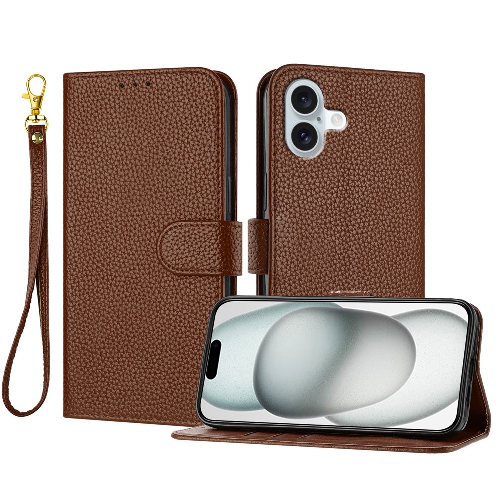 For iPhone 16 Plus Leather Case Litchi Texture Wallet Stand Anti Drop Phone Cover with Wrist Strap - Brown