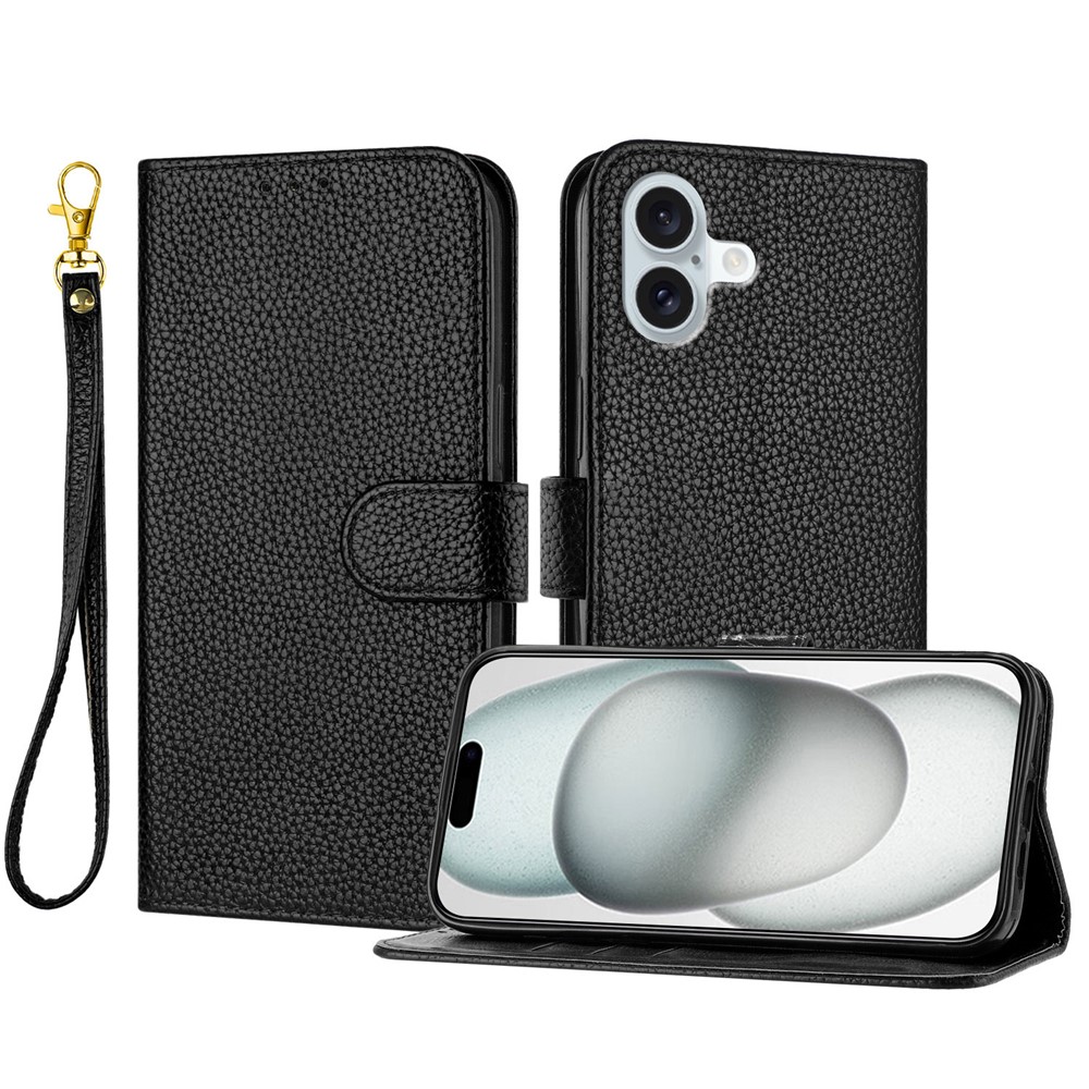For iPhone 16 Plus Leather Case Litchi Texture Wallet Stand Anti Drop Phone Cover with Wrist Strap - Black