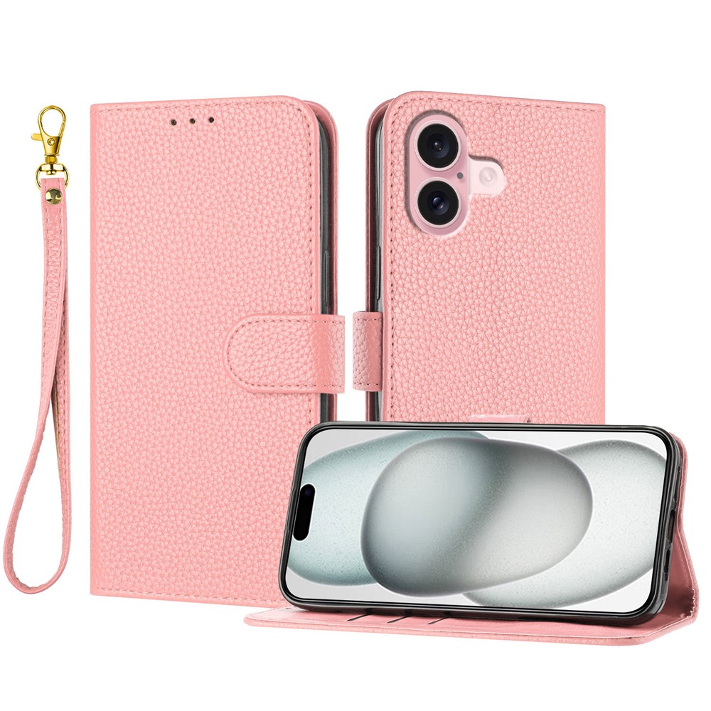 For iPhone 16 Leather Case Litchi Texture Wallet Stand Anti Drop Phone Cover with Wrist Strap - Pink