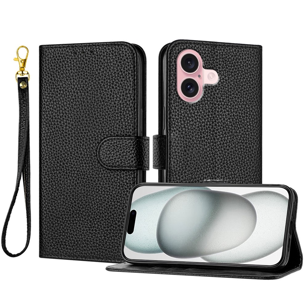 For iPhone 16 Leather Case Litchi Texture Wallet Stand Anti Drop Phone Cover with Wrist Strap - Black