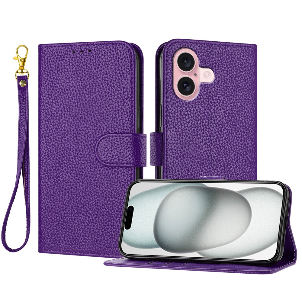 For iPhone 16 Leather Case Litchi Texture Wallet Stand Anti Drop Phone Cover with Wrist Strap - Purple