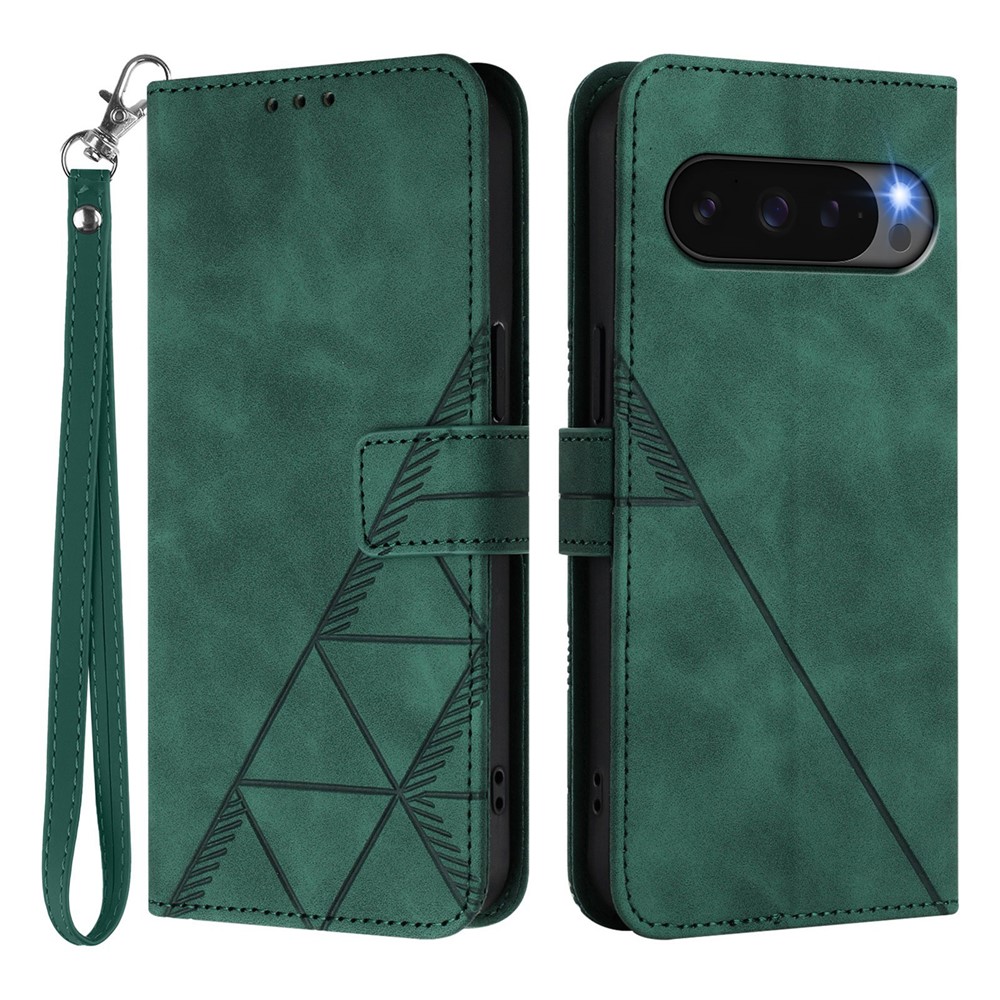 For Google Pixel 10 Pro XL Leather Case with Hand Strap Wallet Stand Phone Cover - Blackish Green