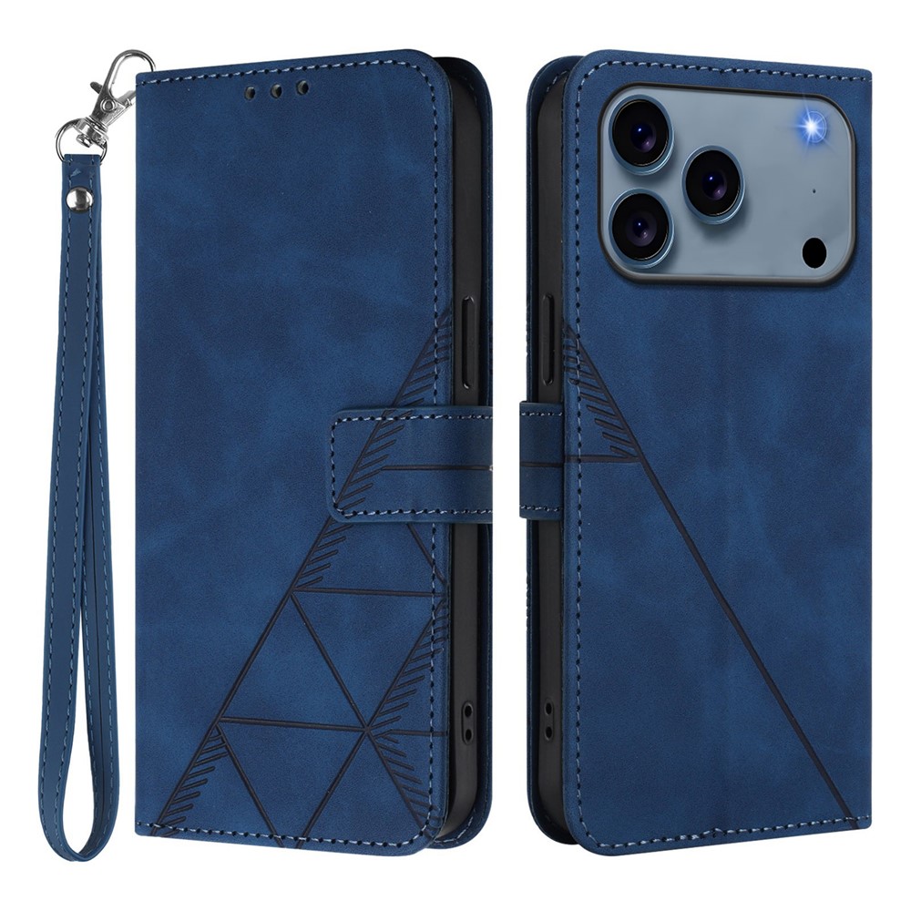 For iPhone 17 Pro Max Leather Case with Hand Strap Wallet Stand Phone Cover - Sapphire