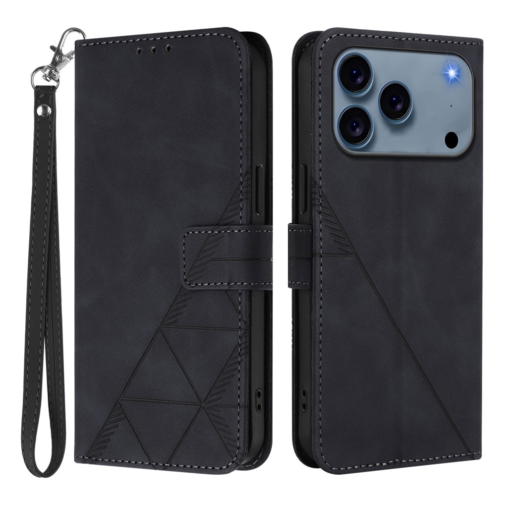 For iPhone 17 Pro Leather Case with Hand Strap Wallet Stand Phone Cover - Black
