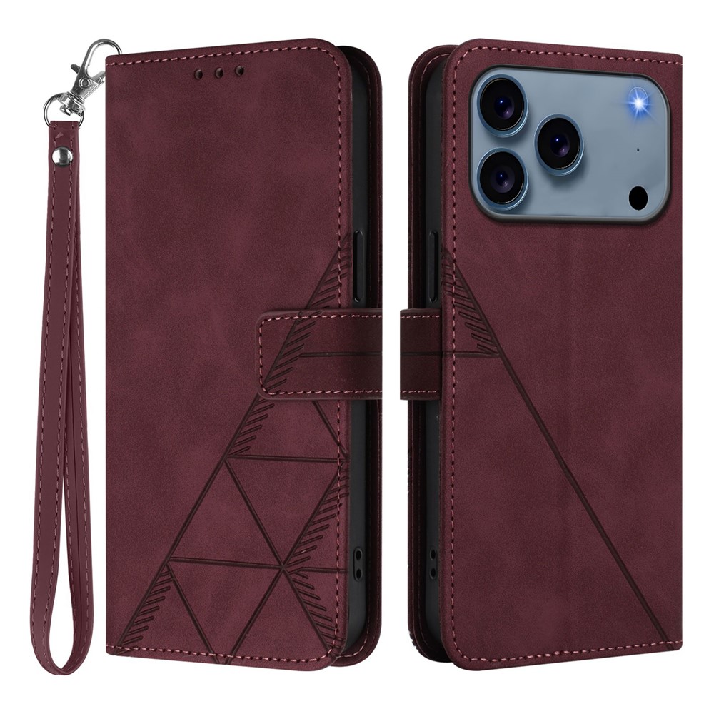 For iPhone 17 Pro Leather Case with Hand Strap Wallet Stand Phone Cover - Wine Red