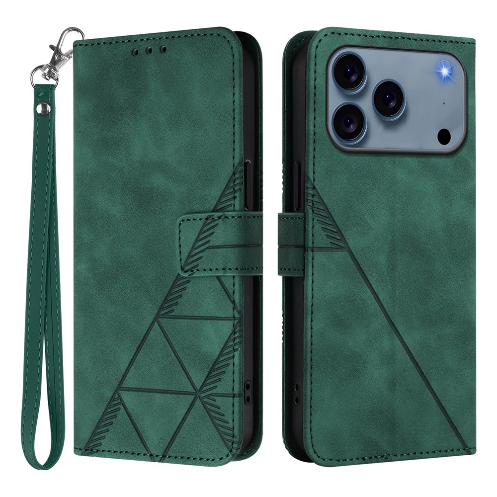 For iPhone 17 Pro Leather Case with Hand Strap Wallet Stand Phone Cover - Blackish Green