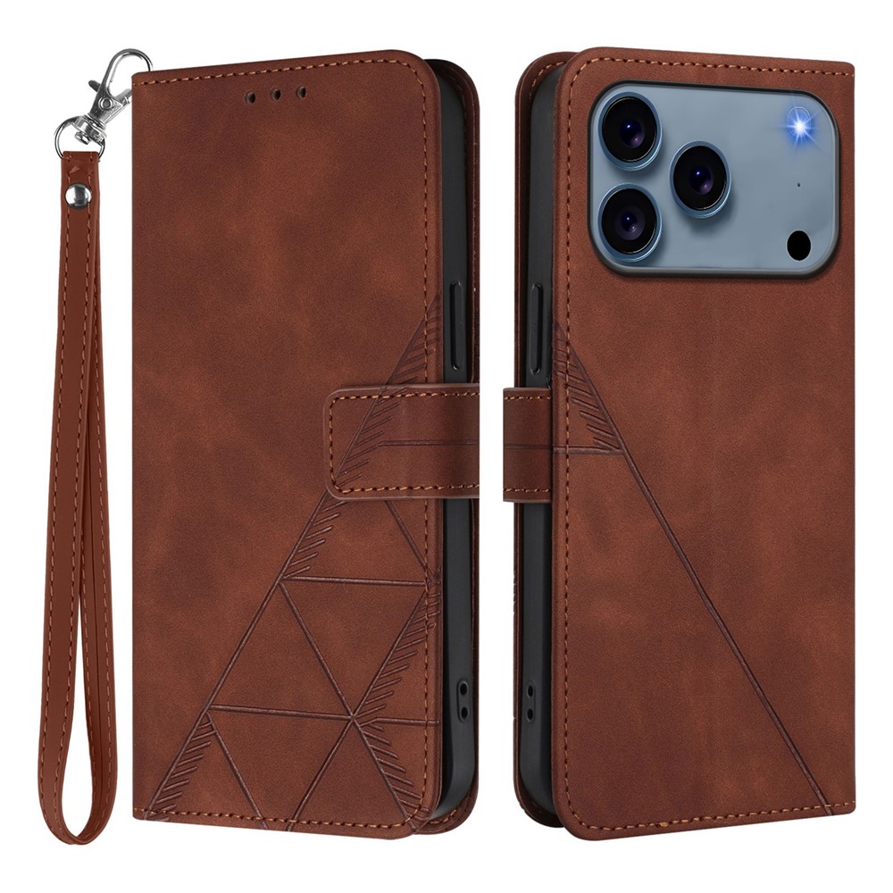 For iPhone 17 Pro Leather Case with Hand Strap Wallet Stand Phone Cover - Brown