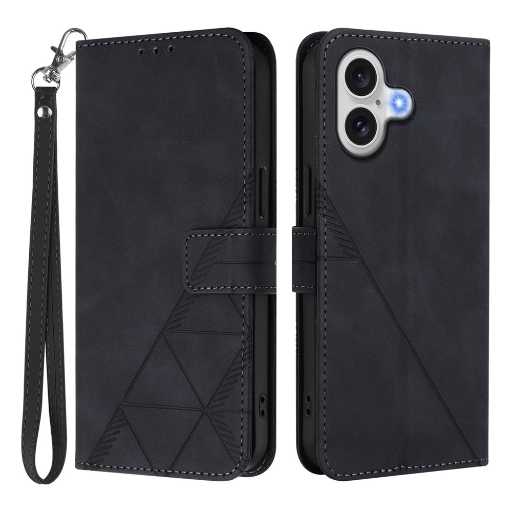 For iPhone 17 Leather Case with Hand Strap Wallet Stand Phone Cover - Black