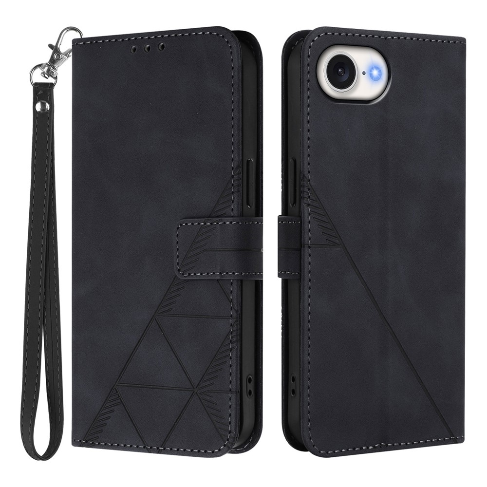 For iPhone 16e Leather Case with Hand Strap Wallet Stand Phone Cover - Black