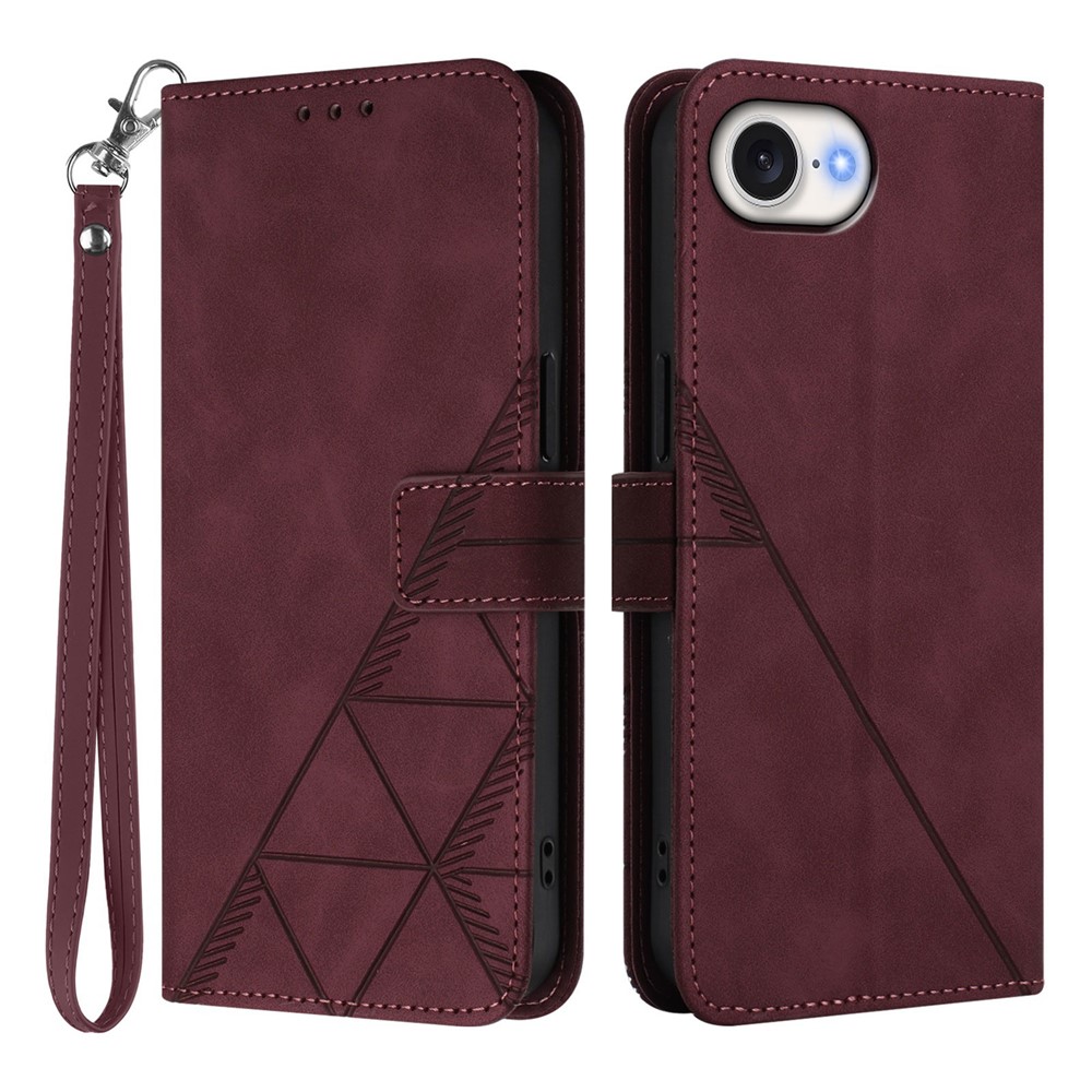 For iPhone 16e Leather Case with Hand Strap Wallet Stand Phone Cover - Wine Red