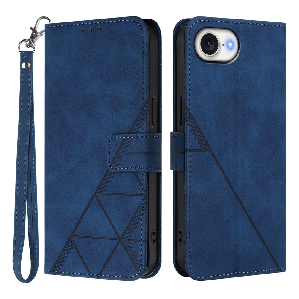 For iPhone 16e Leather Case with Hand Strap Wallet Stand Phone Cover - Sapphire