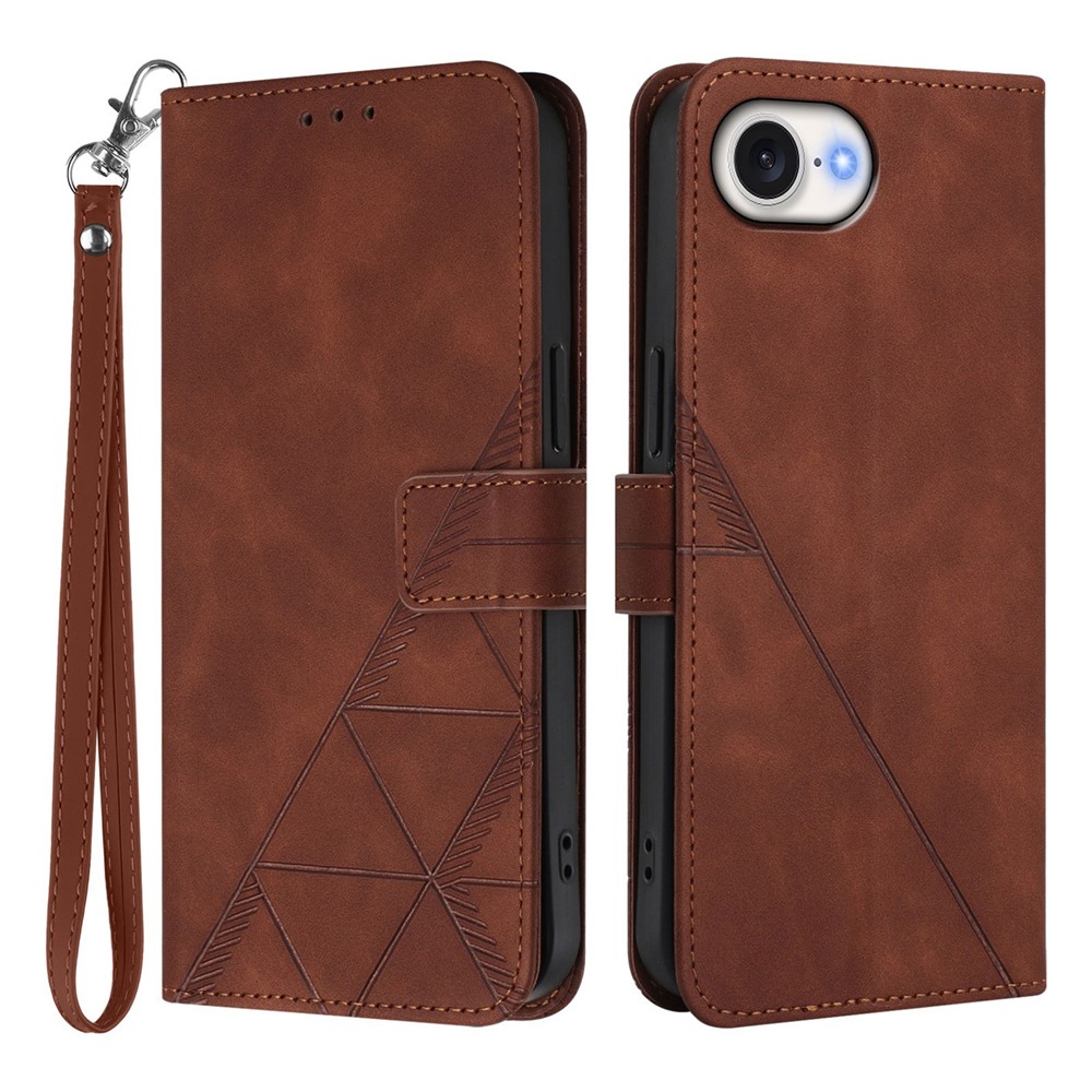 For iPhone 16e Leather Case with Hand Strap Wallet Stand Phone Cover - Brown