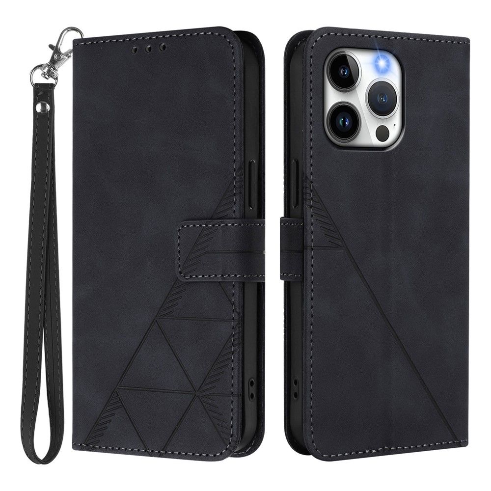 For iPhone 15 Pro Max Leather Case with Hand Strap Wallet Stand Phone Cover - Black