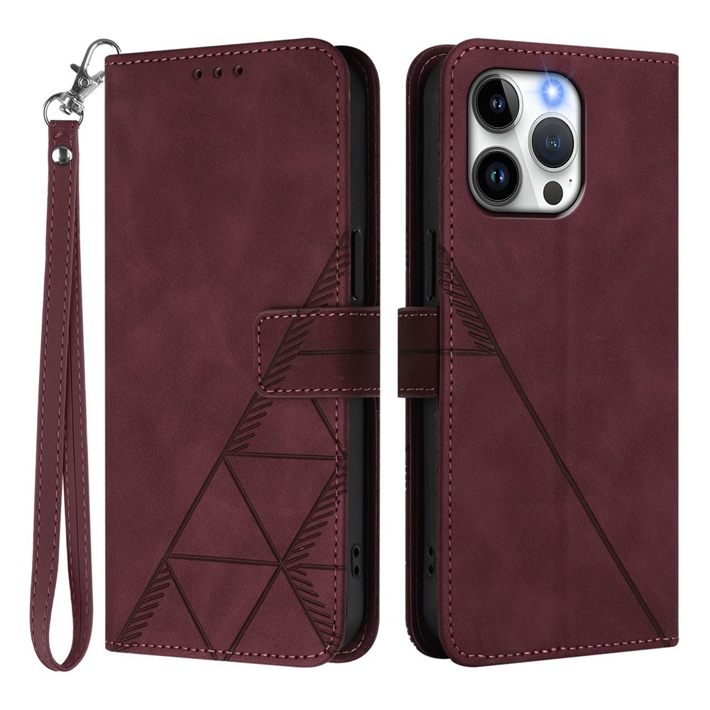 For iPhone 15 Pro Max Leather Case with Hand Strap Wallet Stand Phone Cover - Wine Red