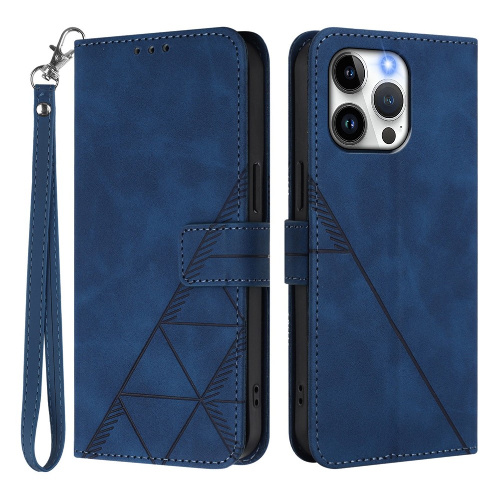 For iPhone 15 Pro Max Leather Case with Hand Strap Wallet Stand Phone Cover - Sapphire