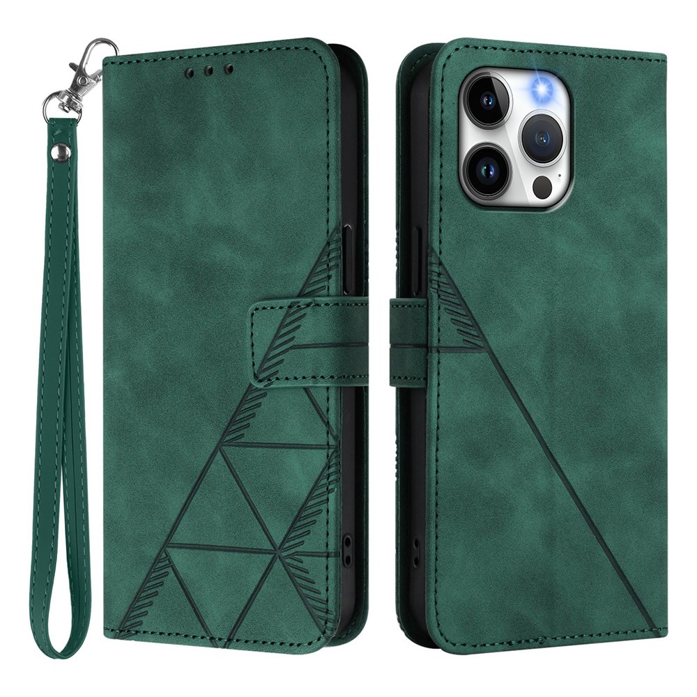 For iPhone 15 Pro Max Leather Case with Hand Strap Wallet Stand Phone Cover - Blackish Green