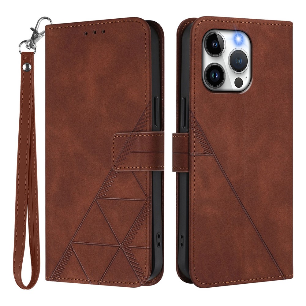 For iPhone 15 Pro Max Leather Case with Hand Strap Wallet Stand Phone Cover - Brown