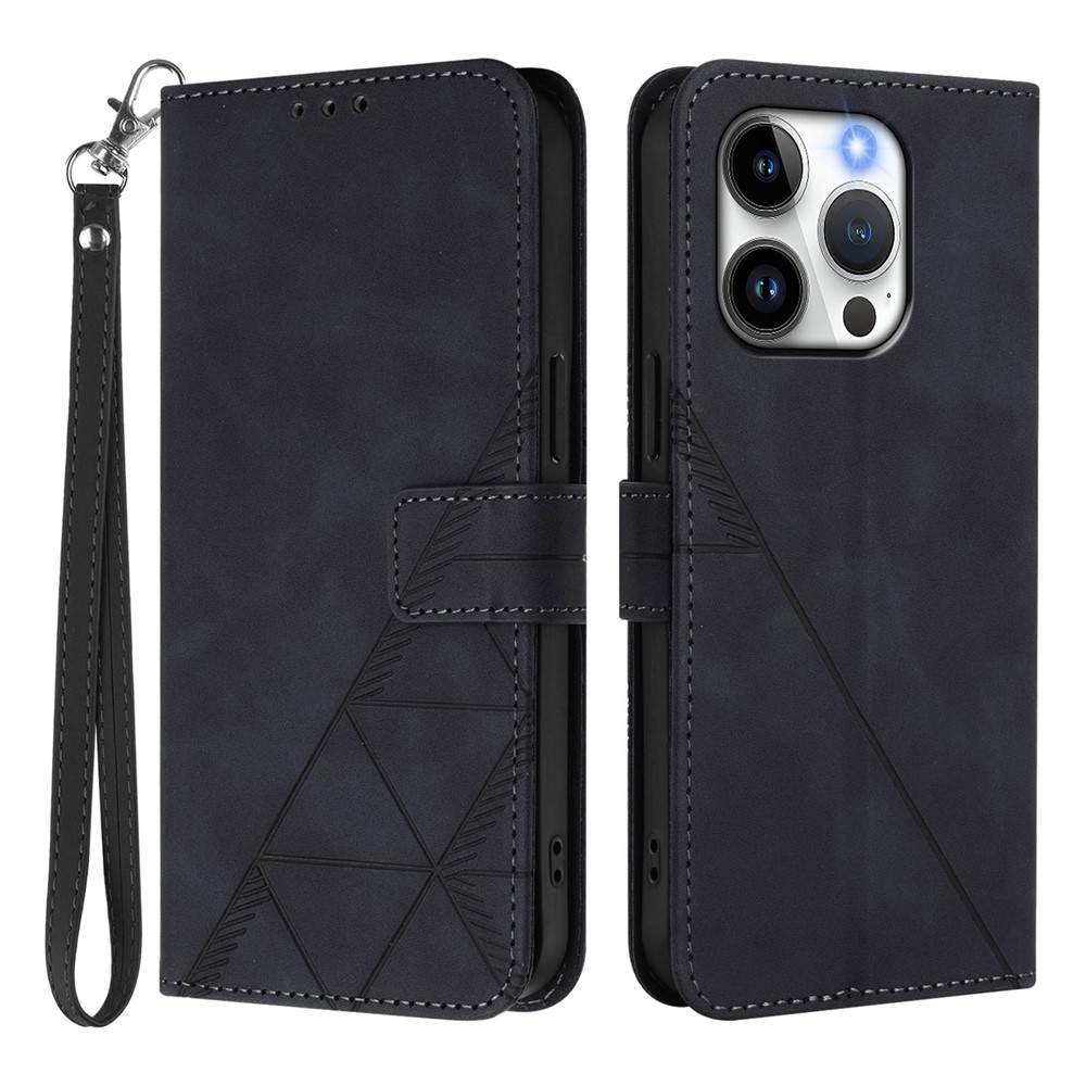 For iPhone 15 Pro Leather Case with Hand Strap Wallet Stand Phone Cover - Black
