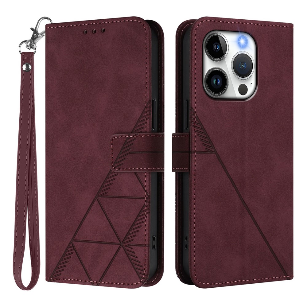 For iPhone 15 Pro Leather Case with Hand Strap Wallet Stand Phone Cover - Wine Red