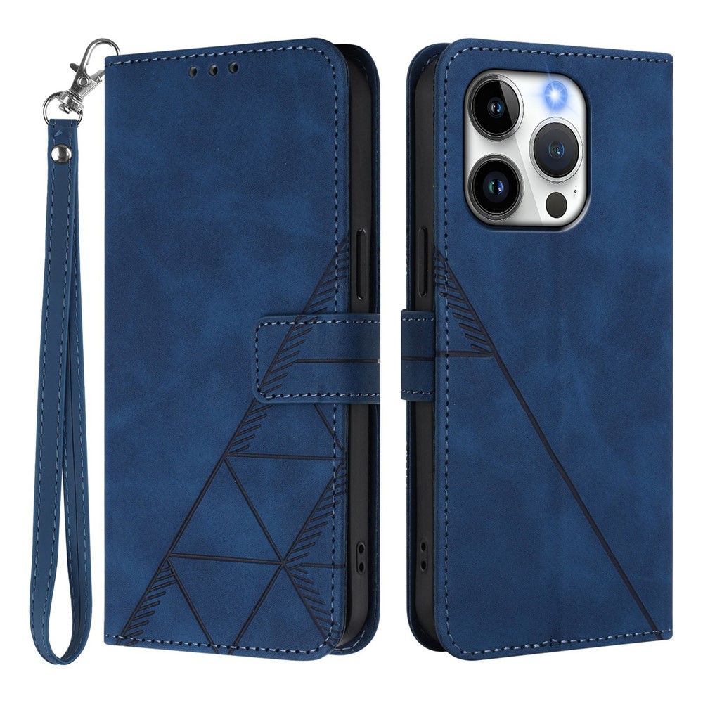 For iPhone 15 Pro Leather Case with Hand Strap Wallet Stand Phone Cover - Sapphire
