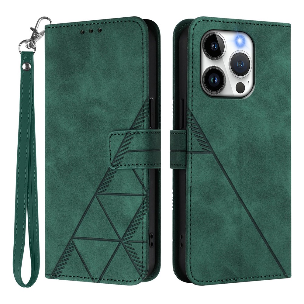For iPhone 15 Pro Leather Case with Hand Strap Wallet Stand Phone Cover - Blackish Green