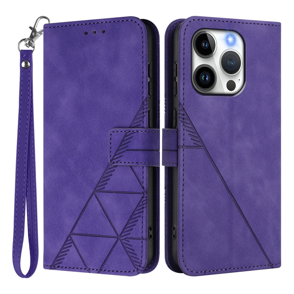 For iPhone 15 Pro Leather Case with Hand Strap Wallet Stand Phone Cover - Purple