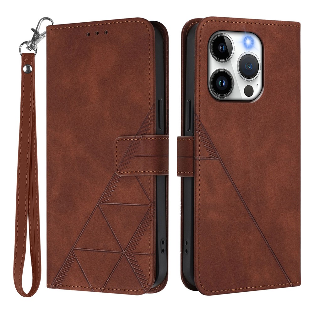 For iPhone 15 Pro Leather Case with Hand Strap Wallet Stand Phone Cover - Brown